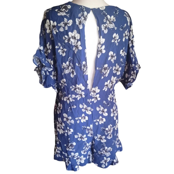 French Connection Fios Crepe Flutter Sleeve Playsuit Romper Blue White Size 4 - Picture 9 of 12